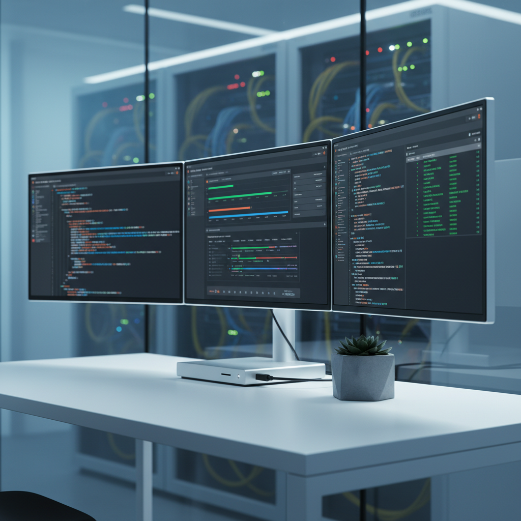 A meticulously organized DevOps automation workstation featuring three ultra-thin, frameless monitors on a clean, matte-white desk, each screen displaying different stages of an infrastructure-as-code pipeline: YAML configurations, deployment dashboards, and green check-marked test results. A compact, brushed-aluminum docking station and a small, geometric concrete planter with a dark-green succulent add subtle texture. The background shows blurred racks of hardware and network gear through a glass partition, suggesting a hybrid cloud lab. Cool, soft studio lighting from above and behind the monitors gives a gentle glow to the screens and a faint halo around the edges. Captured from a three-quarter angle with a shallow depth of field, the image feels efficient, modern, and focused on automation and reliability in photographic realism.