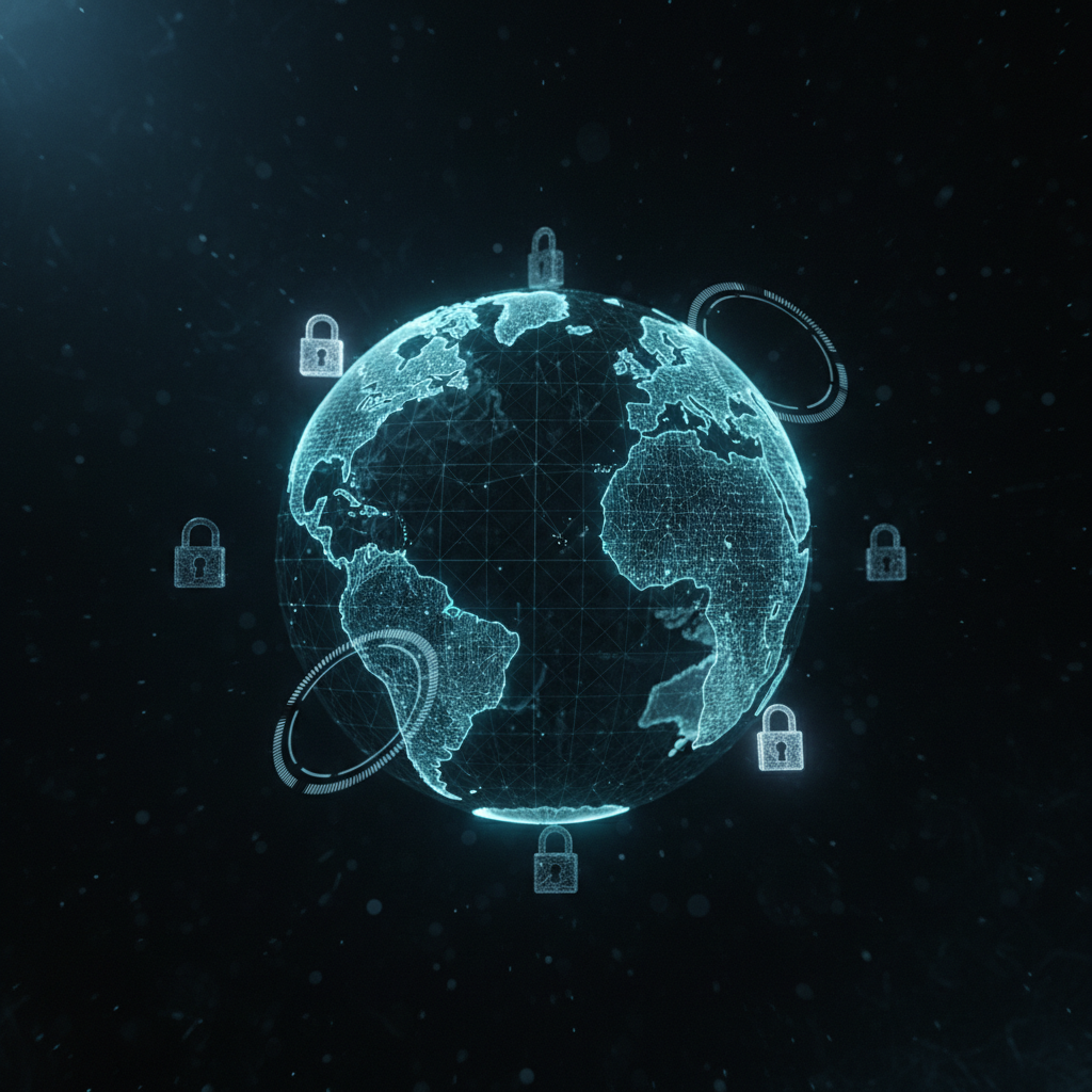 A dark, secure cloud backdrop with a semi-transparent 3D globe composed of fine, illuminated network lines, each continent formed by interconnected nodes that pulse in gradient blues and teals. Floating around the globe are small, sharply defined padlock icons and segmented rings representing access control zones, subtly overlapping without clutter. The environment is abstract and depth-filled, like looking into a deep, digital void. Directional light from the top left creates a faint rim light along the network lines and locks, adding dimensionality. Shot straight-on with a slightly wide frame, the composition centers the globe while leaving negative space for potential overlay text. The mood is resilient and forward-looking, emphasizing global, zero-trust cloud security in cinematic photographic realism.