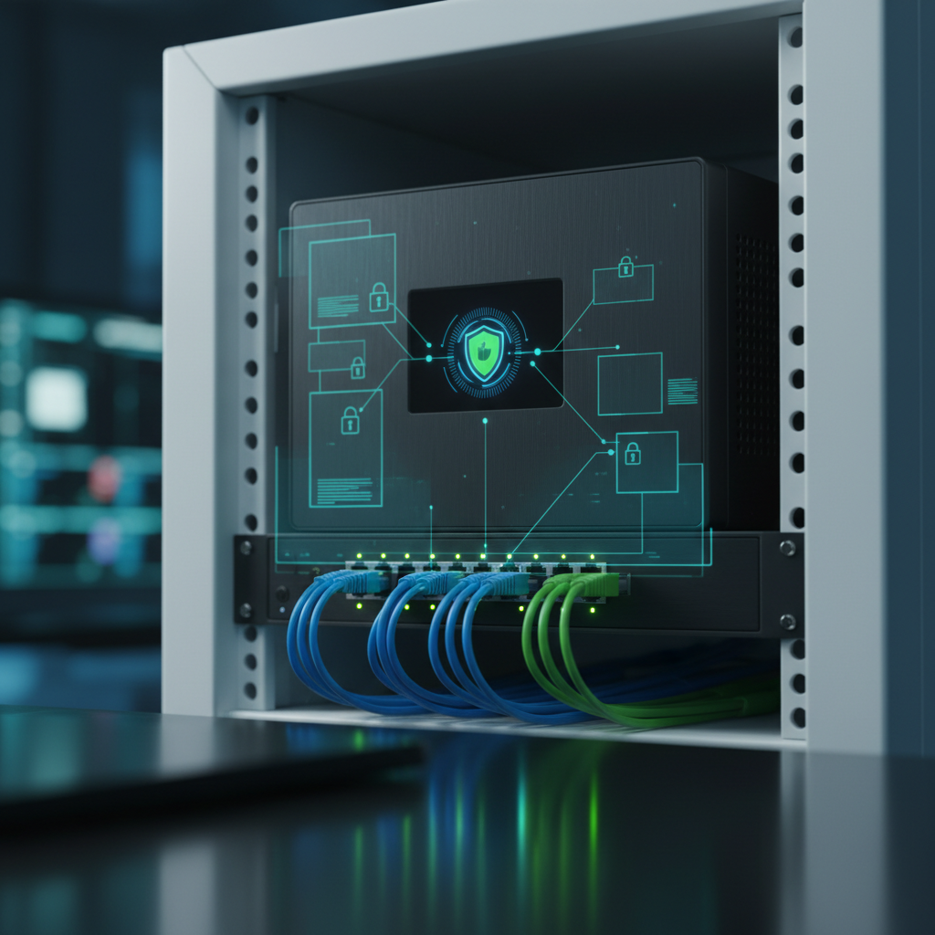 A close-up of a matte-black network firewall appliance embedded in a pristine white rack, its front panel displaying a vivid, animated shield icon on a small embedded screen, surrounded by neatly organized blue and green ethernet cables. Behind it, a transparent overlay of a digital zero-trust security diagram appears, showing segmented zones and locked connections in soft cyan lines. The environment is a dimly lit operations room with subtle reflections on a glossy desk surface. Focus is razor-sharp on the device while the diagram and background fall into a gentle bokeh. Cool, directional accent lighting from the side highlights ports and texture, creating a mood of precision, cybersecurity expertise, and quiet control in photographic realism.