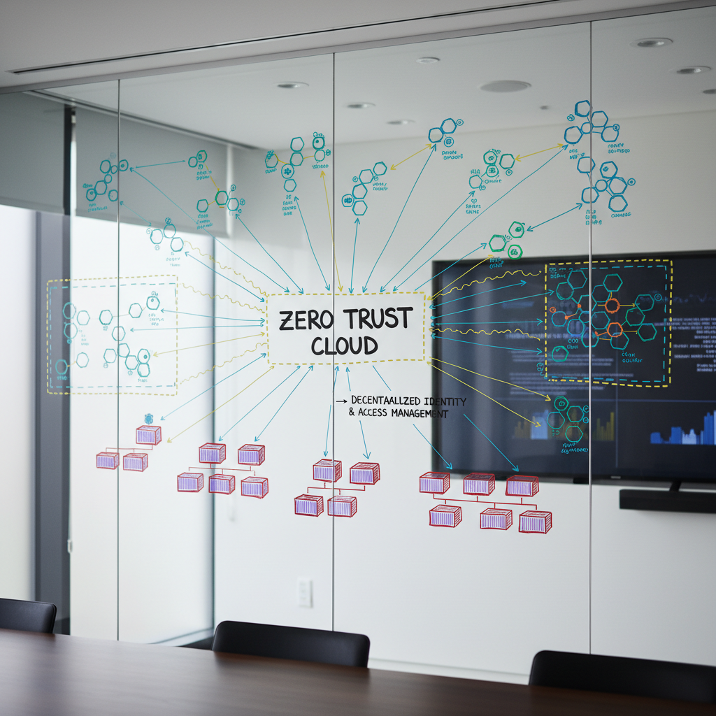 An expansive, ultra-modern cloud architecture whiteboard wall fills the frame, covered with neatly drawn diagrams of microservices, containers, and secure network segments in different ink colors, all converging toward a central, bold ‘Zero Trust Cloud’ label. The room is a high-tech, uncluttered meeting space with a dark wood table’s edge visible at the bottom of the frame and a large wall-mounted display in the distant background, softly out of focus. Indirect daylight from a frosted glass window creates even, diffused lighting with minimal shadows. Shot from a slightly elevated angle with sharp focus across the diagrams, the composition feels analytical and organized. The mood is strategic and professional, conveying thoughtful cloud consulting and architecture planning in realistic, documentary-style photography.